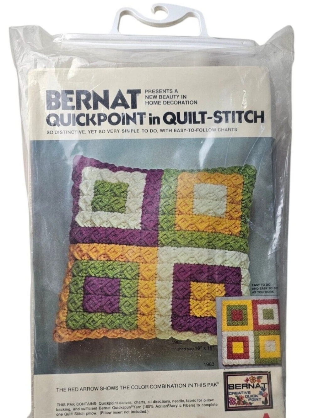 Vtg Bernat Quickpoint in Quilt Stitch Pillow Kit Orange Green Yellow 16x16 NOS